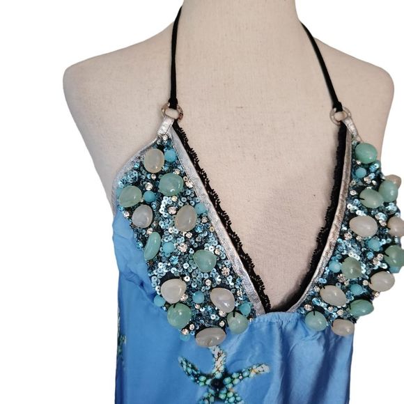 Kasia de Gelaque Custom Starfish Silk Beaded Halter Dress Small - Picture 4 of 9
